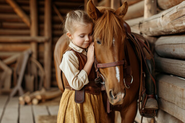A young girl in a dress tenderly strokes and embraces a horse with a radiant smile on her face. The horse reciprocates the affection, leaning in gently towards the girl.