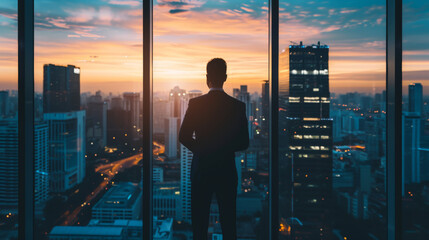 A businessman stands against a window backdrop, gazing out at the picturesque evening cityscape.