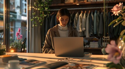 Boutique shop owner with laptop open working in boutique