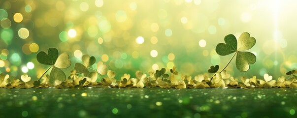 Lucky shamrocks with golden bokeh glitter. St. Patrick's Day background. Luck of the Irish. Four...