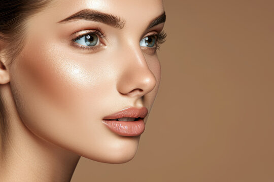 The image showcases the face of a young woman with flawless skin against a beige background, emphasizing facial skin care and beauty concepts.