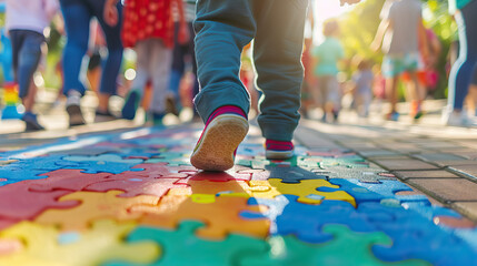 preschooler boy walking to school on puzzle road - AI Generated
