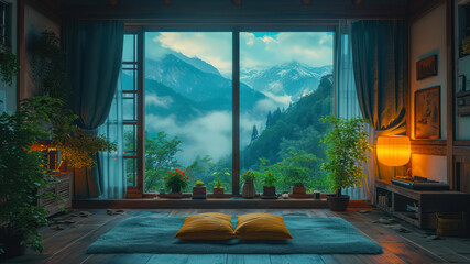 cozy room with a view of the mountains