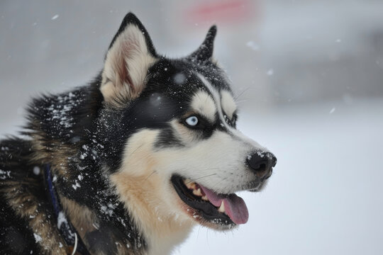 Against a picturesque winter backdrop, a husky stands poised, its fur blending seamlessly with the snowy terrain.