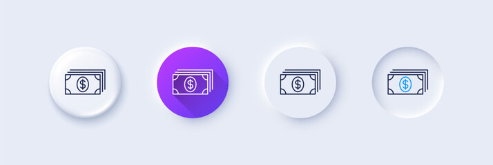 Cash money line icon. Neumorphic, Purple gradient, 3d pin buttons. Banking currency sign. Dollar or USD symbol. Line icons. Neumorphic buttons with outline signs. Vector