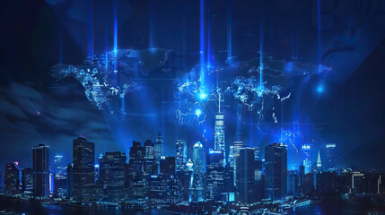 world illuminated in blue lights and city at night - AI Generated