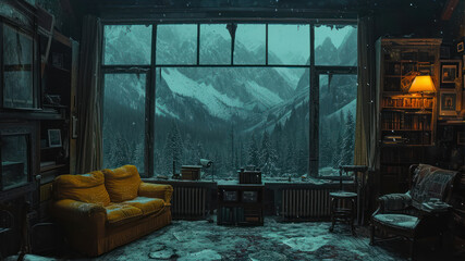 Fantasy interior of an old house in the mountains.