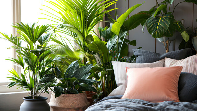 Comfortable bed with pink pillows and houseplants in room