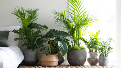 Beautiful houseplants in pots on carpet near window at home - obrazy, fototapety, plakaty