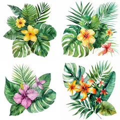 Fotobehang Watercolor frame made of unusual colorful tropical leaves. Jungle concept for design of invitations, greeting cards and wallpapers. © Таня Алешевич