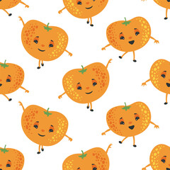 Dancing funny tangerines. Vector seamless pattern of cheerful orange citrus fruits - 751344710