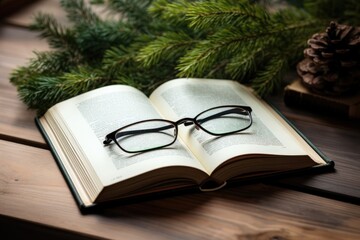 Old book and eye glasses for read and write over blurred nature outdoor background with copy space,selective focus ,education concept