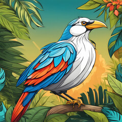 Fototapeta premium Cute bird illustration in jungle, green plant covered jungle background 