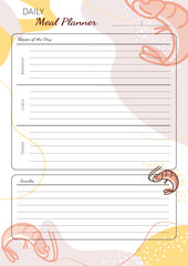 Meal planner for the day. A4 size vertical vector page template. Planning of healthy meals and recipes for breakfast, lunch and dinner.