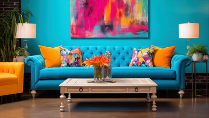 Interior of modern living room with blue sofa and orange cushions
