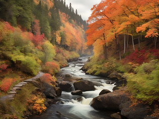 Mountains and beautiful river, natural environment with colorful trees, wallpaper