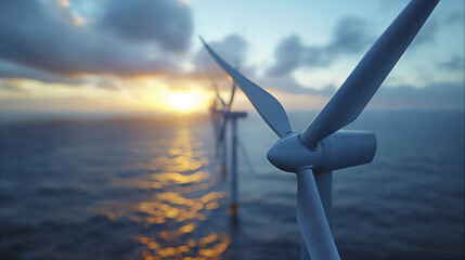 Wind turbines at sea during sunset, renewable energy landscape, ocean wind farm ecology concept