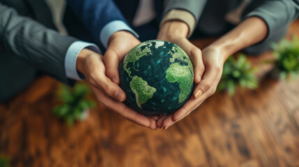 Hands carefully holding a globe, representing stewardship and a global commitment to environmental preservation