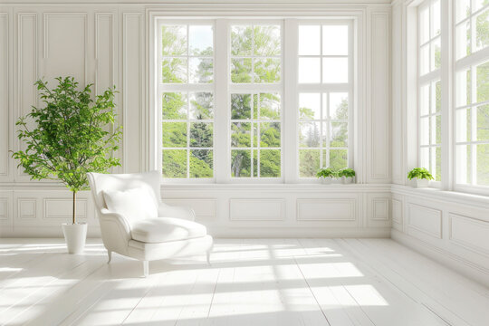 White living room interior with a large window