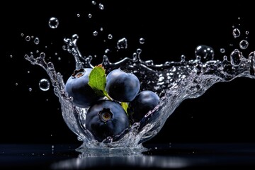 Blueberry bouncing off the water surface, defying gravity. black background.