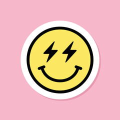 lightning eyes emoji sticker, yellow face with lightning bolt eyes, black outline, cute sticker on pink background, groovy aesthetic, vector design element