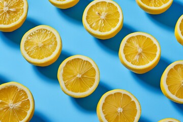 Freshly Cut Lemons on Vibrant Blue Background, Top View Flat Lay Photography of Sliced Citrus Fruits