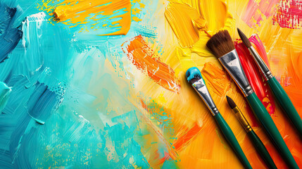 Fototapeta premium used brushes on canvas of colorful oil paint - AI Generated