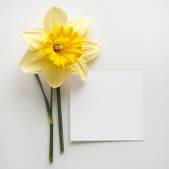 Obraz premium top view of white empty card with yellow narcissus flower on white background. Generative Ai