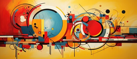 A vibrant painting featuring circles upon circles in various sizes and colors, set against a bright yellow background. The use of black, orange, red, and yellow creates a bold and creative mix of