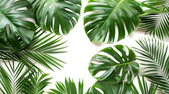 Top view of tropical palm leaves. flat lay, White background. Generative Ai