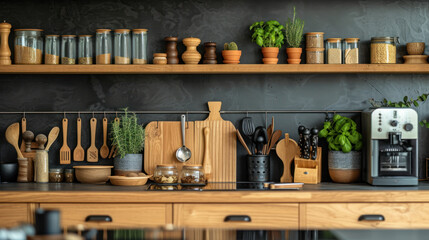 A neatly organized kitchen shelf with an array of wooden utensils, glass jars, and fresh herbs, exhibiting a modern rustic charm - obrazy, fototapety, plakaty