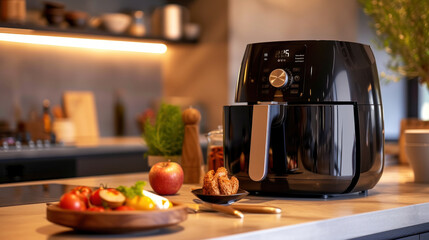Fototapeta na wymiar Modern air fryer cooking crispy treats, nestled in a sunlit kitchen brimming with greenery and fresh ingredients, showcasing a blend of technology and natural cooking