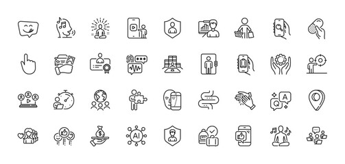 Fototapeta na wymiar Loan, Biometric security and Global business line icons pack. AI, Question and Answer, Map pin icons. Employee hand, Security, Woman love web icon. Vector