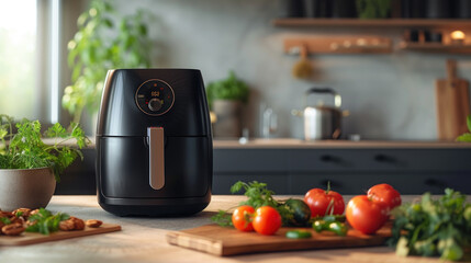 Modern air fryer cooking crispy treats, nestled in a sunlit kitchen brimming with greenery and fresh ingredients, showcasing a blend of technology and natural cooking - obrazy, fototapety, plakaty