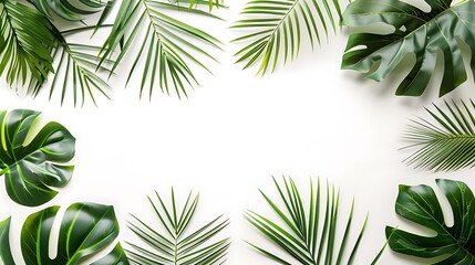 Traveler accessory, tropical palm leaf branch on white background with empty space for text. Travel vacation concept. Summer background Road frame set. Flat lay, top view. Generative AI - obrazy, fototapety, plakaty