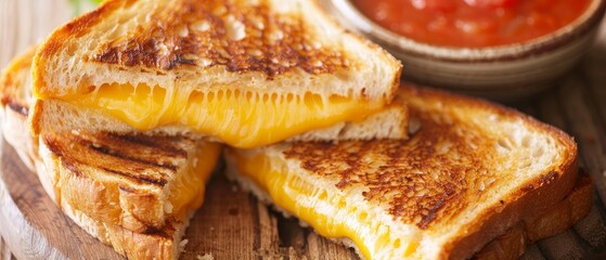 Close-up of grilled cheese sandwich with melting cheese, beside a bowl of tomato soup on a wooden board.