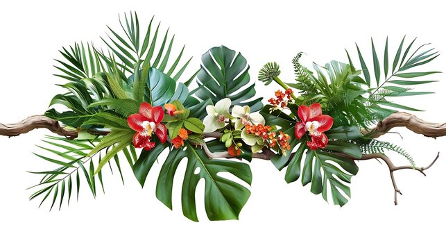 Tropical vibes plant bush floral arrangement with tropical leaves Monstera and fern and Vanda orchids tropical flower decor on tree branch liana vine plant isolated on white background. Generative Ai