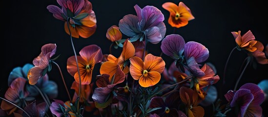 A cluster of purple and orange flowers, identified as Mesmerizing Macro Violas, stand out vividly against a solid black background. The contrasting colors create a visually striking image.