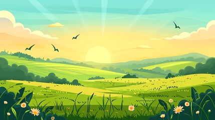 Naklejka premium illustration of beautiful summer field landscape with dawn, green hills, bright color blue sky, country background in flat cartoon style banner. Generative Ai