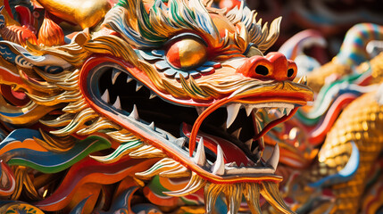 Fototapeta na wymiar Colorful dragon statue in chinese temple, closeup of photo generativa IA