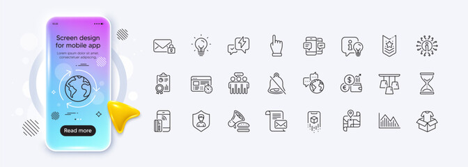 Outsourcing, Map and World communication line icons for web app. Phone mockup gradient screen. Pack of Smartphone sms, Time hourglass, Currency rate pictogram icons. Vector