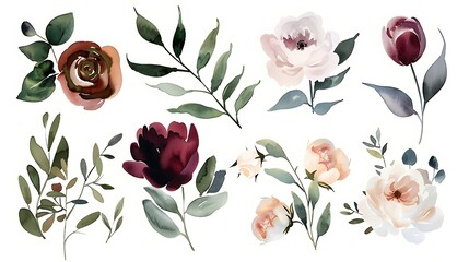 Watercolor floral bouquets set - green leaves, burgundy maroon pink peach blush white flowers leaf branches. Wedding invitations stationery wallpapers fashion prints. Eucalyptus, olive. Generative Ai