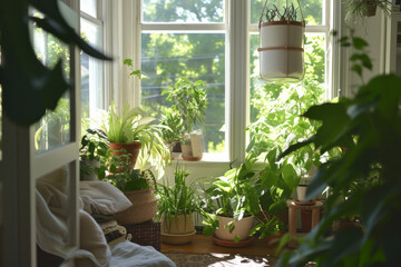 Fototapeta na wymiar Indoor room filled with numerous plants lined up next to a window, creating a green oasis inside the space