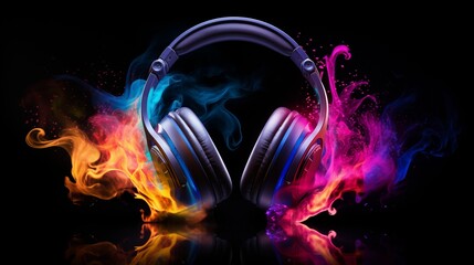 Headphone and colorful steam. Creative music and festival concept on black background