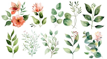 Watercolor floral illustration set - flower and green leaf branches bouquets collection, for wedding stationary, greetings, wallpapers, fashion, background. Eucalyptus, green leaves. Generative Ai