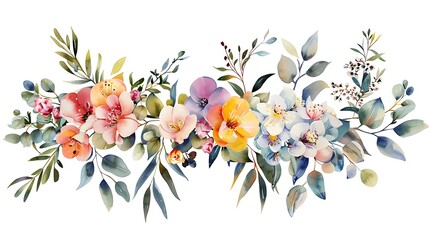 Watercolor floral illustration set - flower and green leaf branches bouquets collection, for wedding stationary, greetings, wallpapers, fashion, background. Eucalyptus, green leaves. Generative Ai - obrazy, fototapety, plakaty