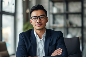A man dressed in a suit and glasses is seated at a desk, engaged in work or a meeting in an office setting