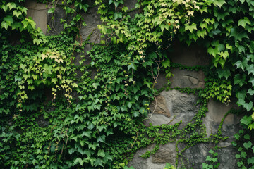 A stone wall completely covered in lush green vines, creating a beautiful and vibrant natural display