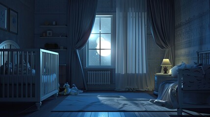 a baby's nighttime bedroom as moonlight streams through the windows, casting gentle shadows across the front of the room, creating a serene and comforting atmosphere.