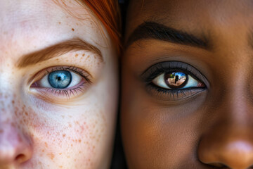 Two individuals with striking blue eyes are featured in a close-up shot, showcasing the captivating beauty of their eye color